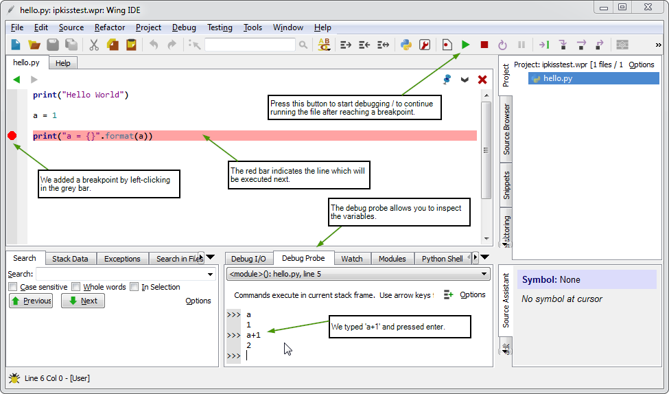 Wing IDE in debugging mode.