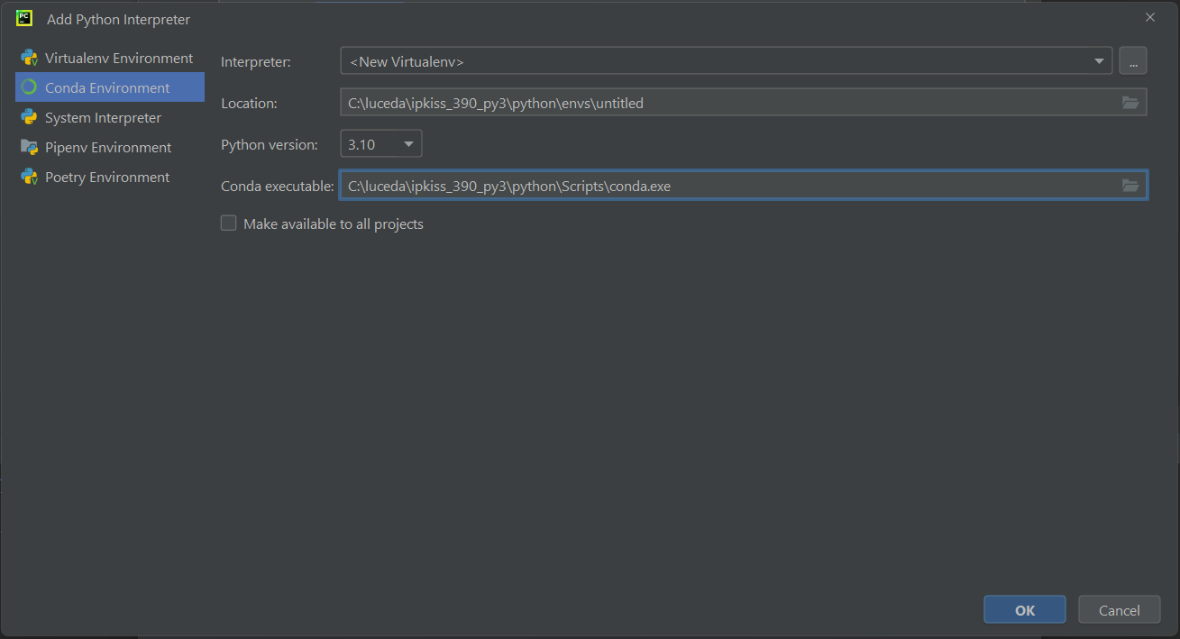 New Python interpreter page: select 'Conda Environment' and select the conda executable.