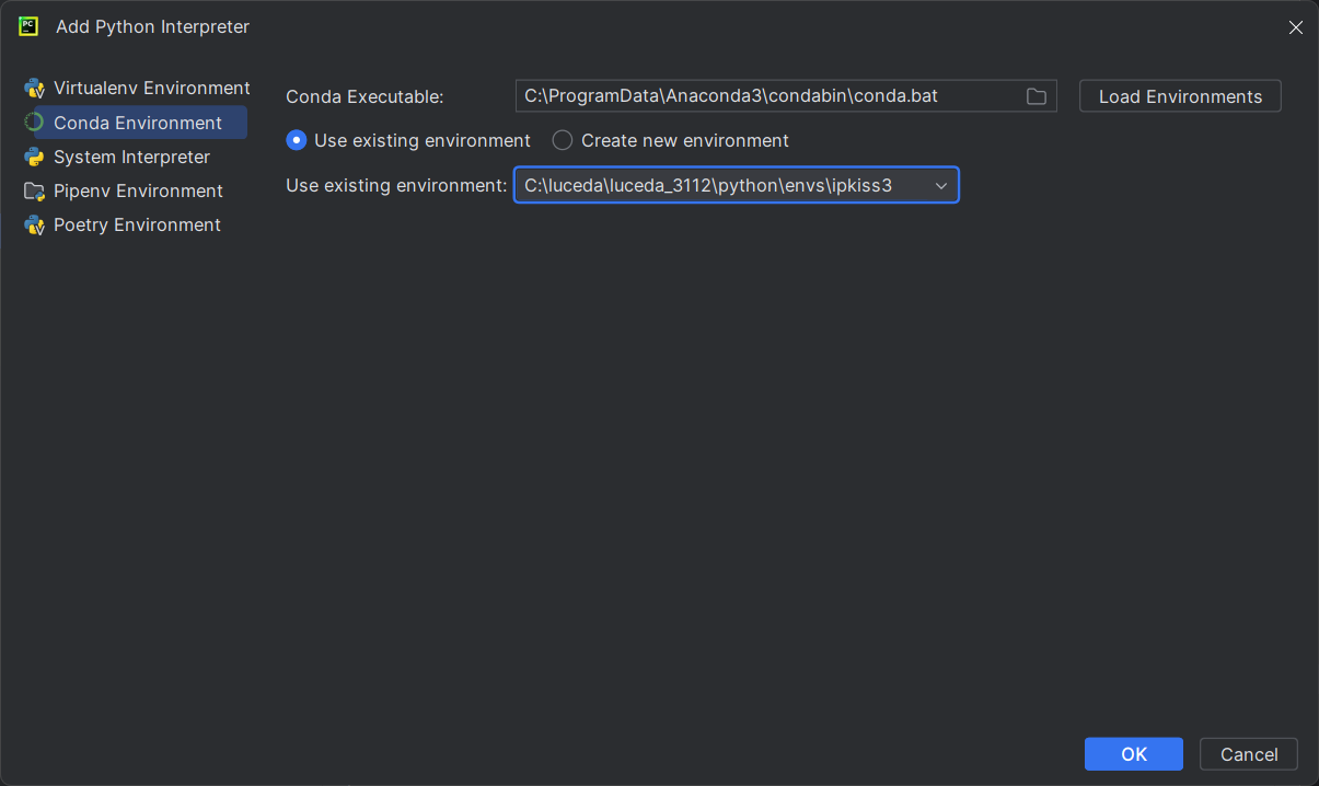 New Python interpreter page: select 'Conda Environment' and select the conda executable.