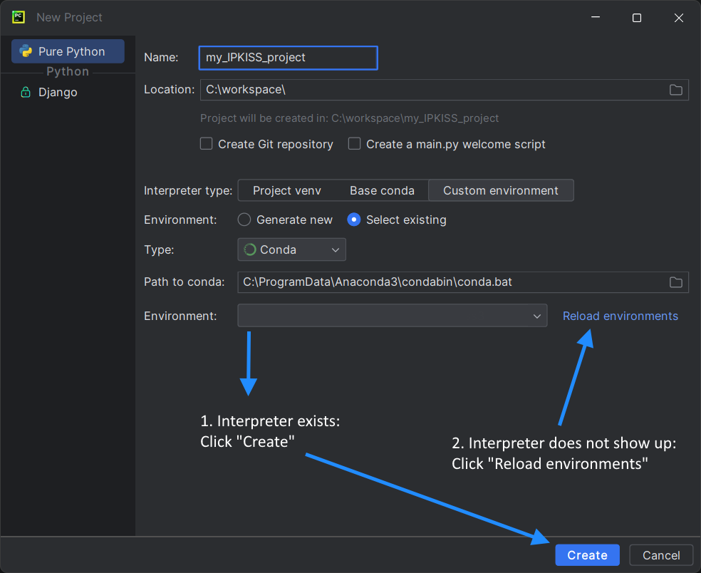 Create a new project, select an existing Python interpreter.