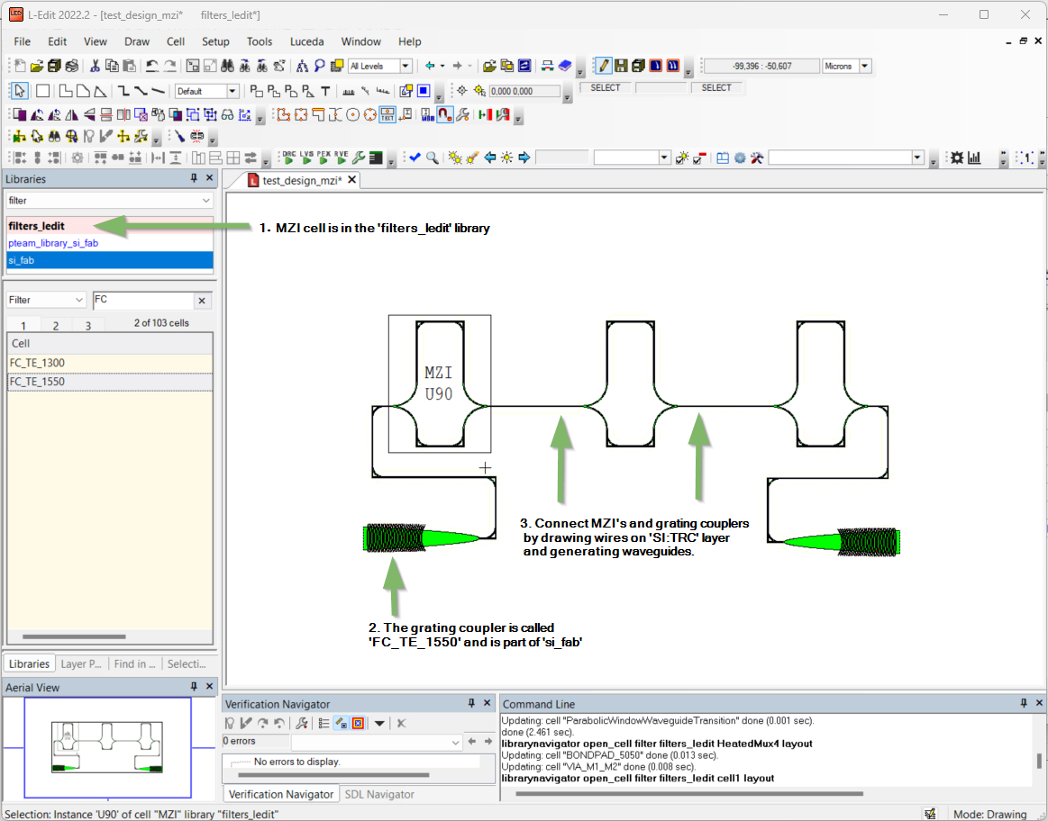 Create a design `test_design_mzi`, place three cascaded MZI components, two fiber grating couplers and draw the connecting wires.