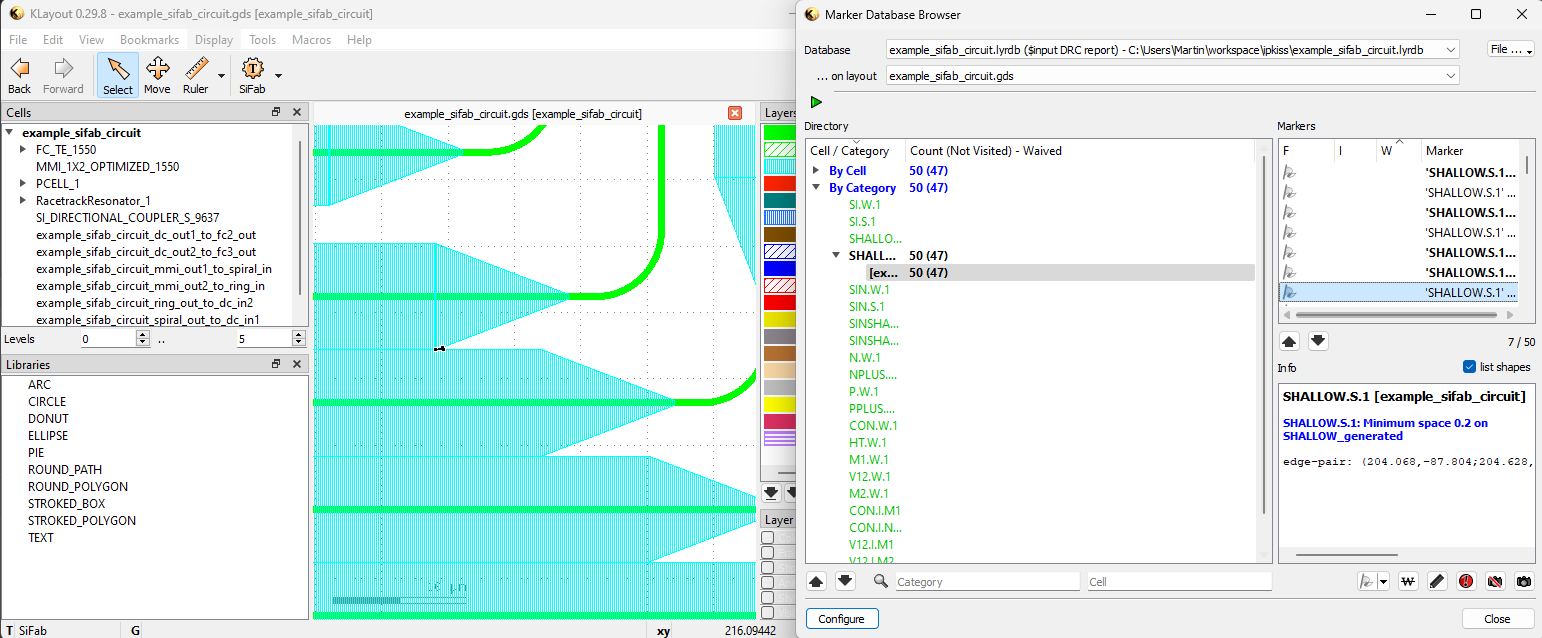 Example output from running a DRC check in KLayout.