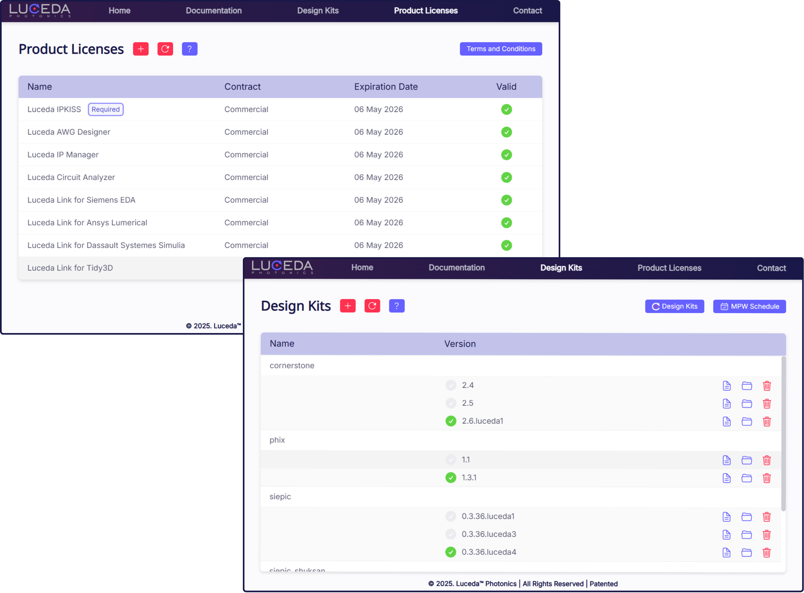 New features in the Luceda Control Center's Design Kits and Product Licenses tabs.