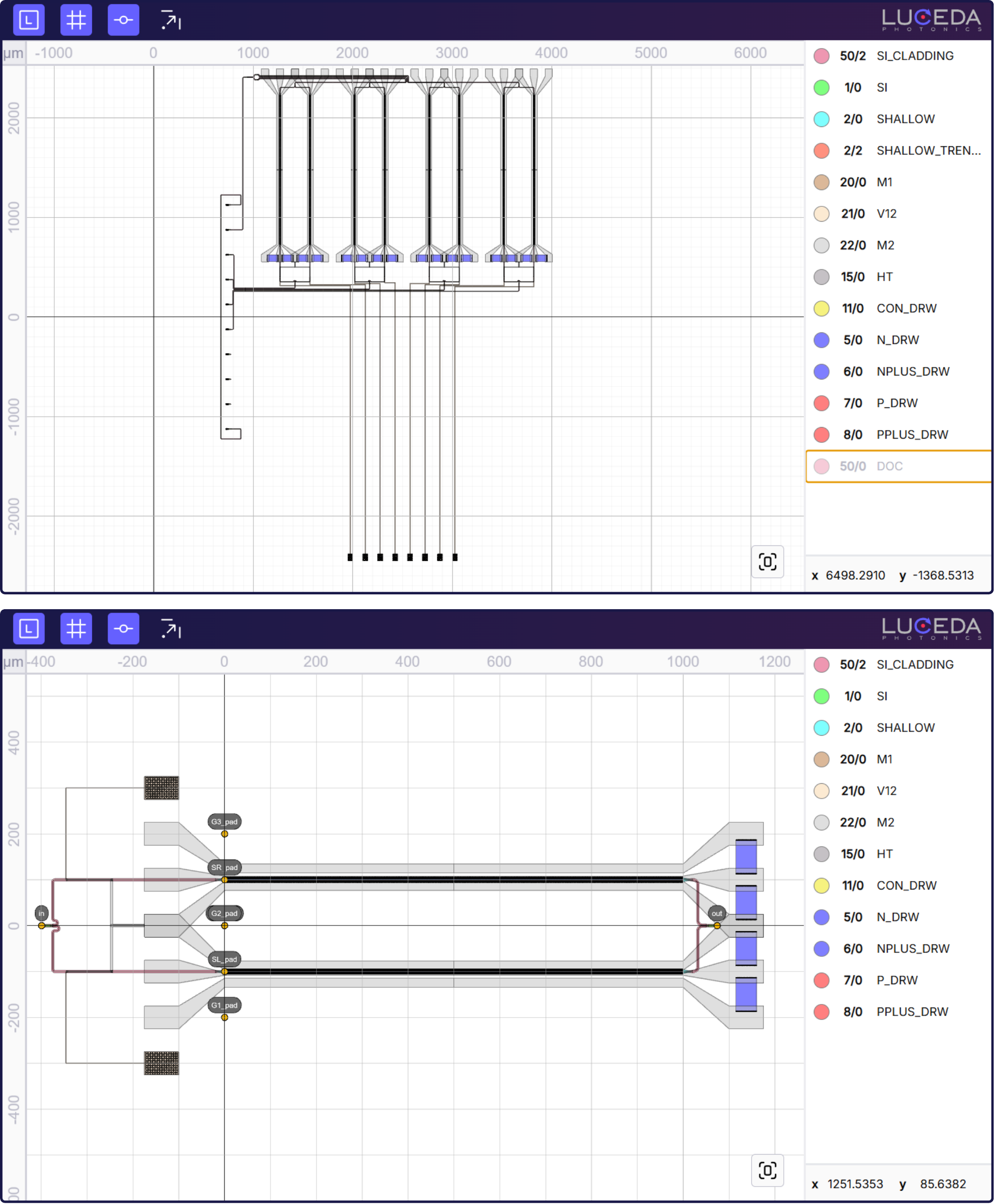 Packaged four-lane Mach-Zehnder modulator and single MZM in the new IPKISS Layout visualizer.