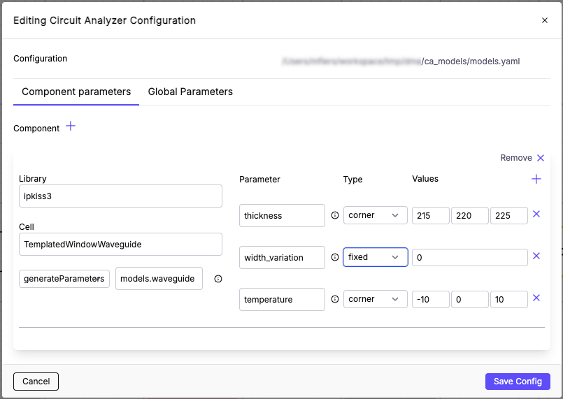 Configuring Circuit Analyzer from IPKISS Canvas (after adding a Corner Analysis codelet)