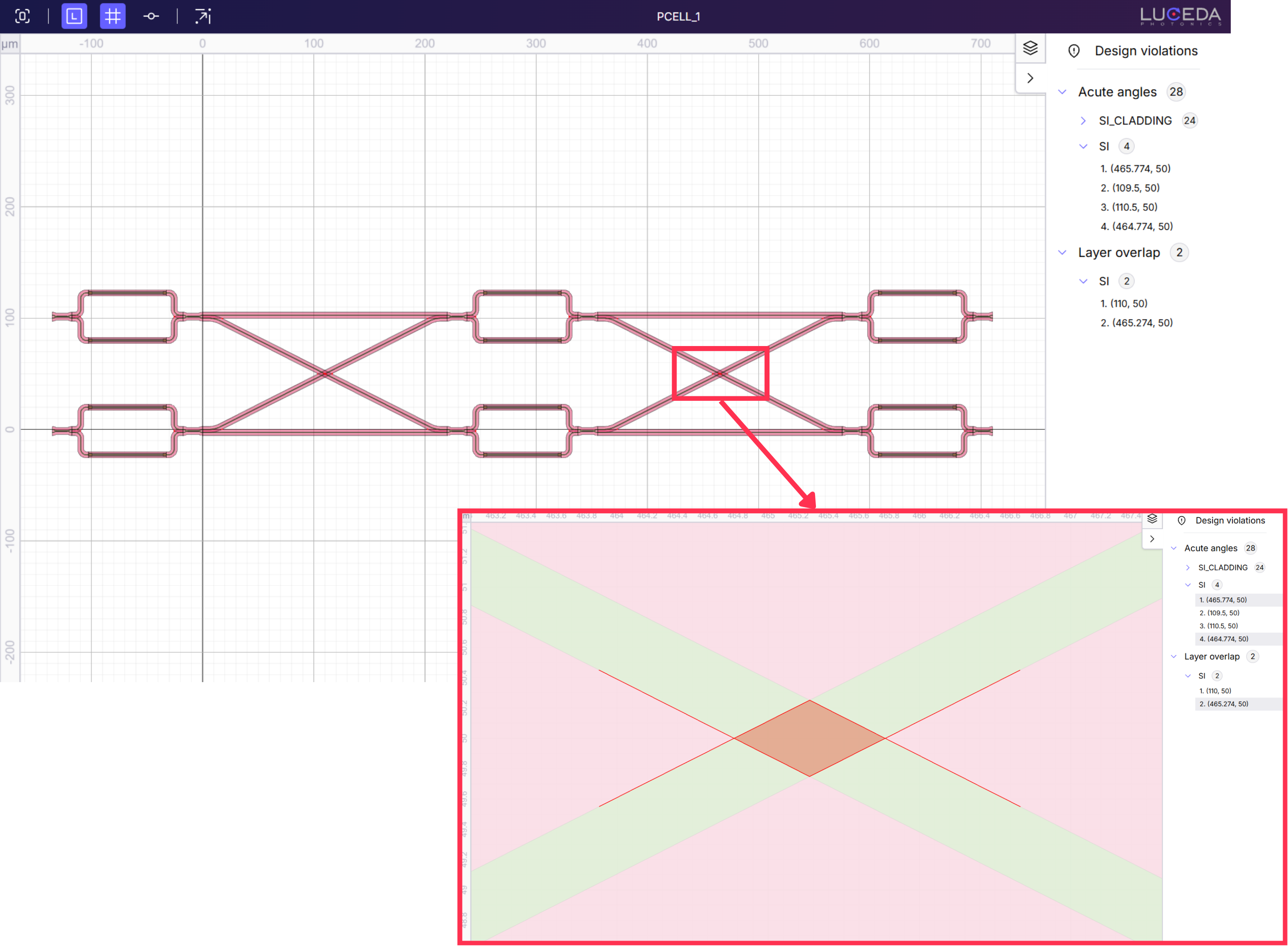 Detecting and visualizing acute angles and layer overlaps.