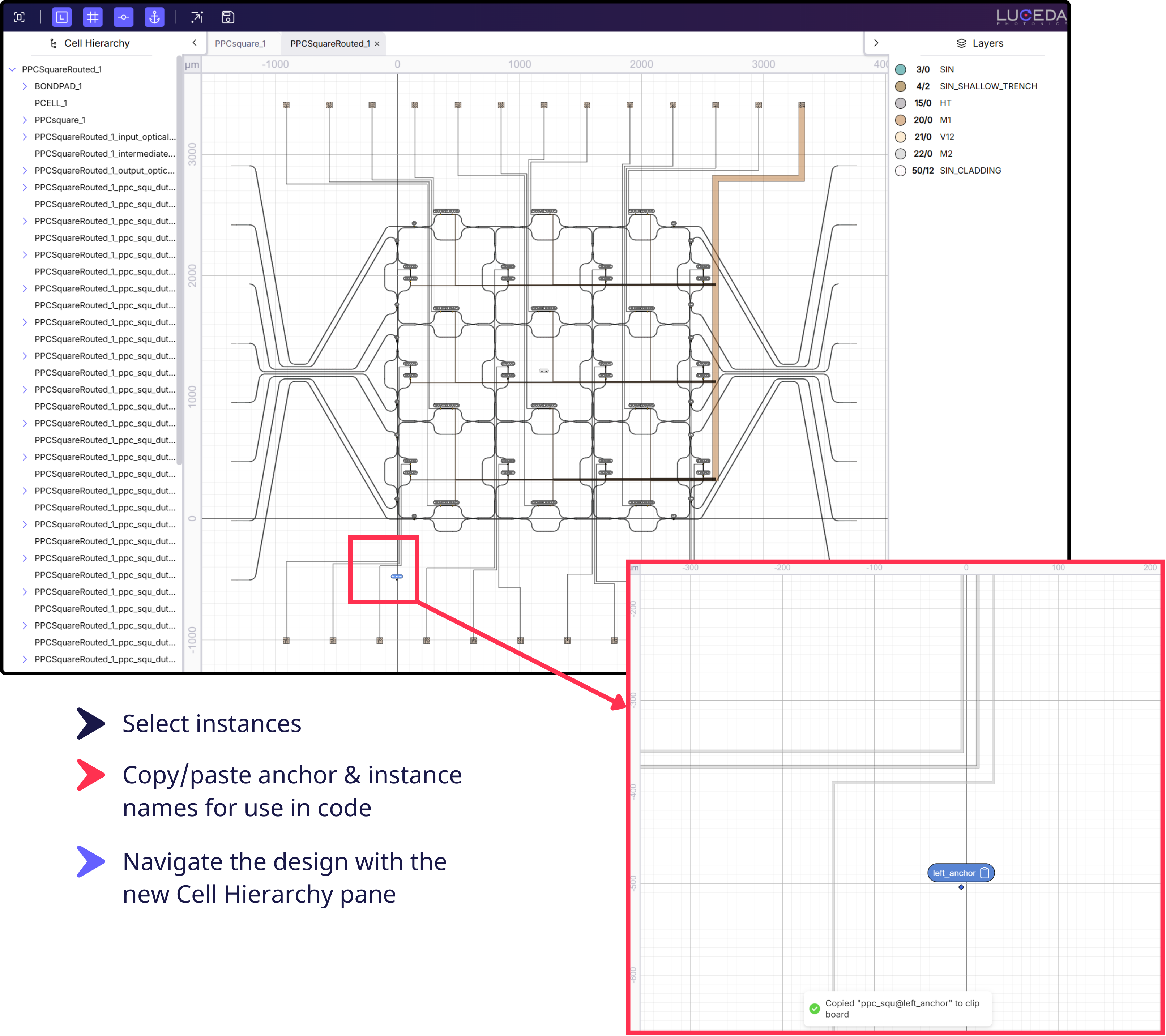 Navigating and inspecting a PIC layout with the new cell hierarchy and anchor visualization features.