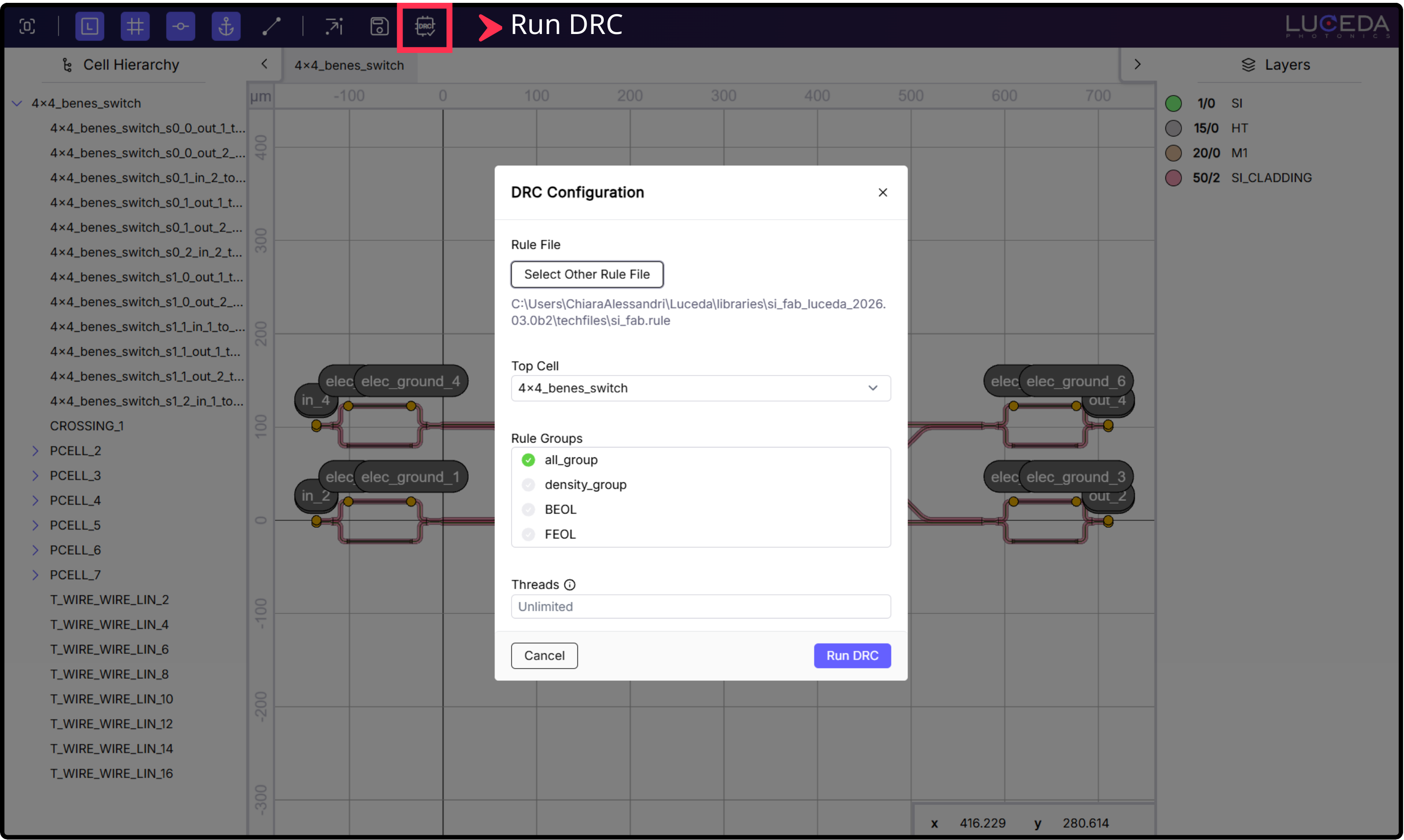 Running Luceda DRC from the Luceda Layout Visualizer