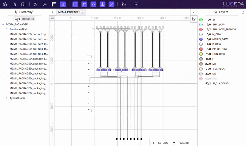 Cell and instance hierarchies in the Luceda Layout Visualizer.