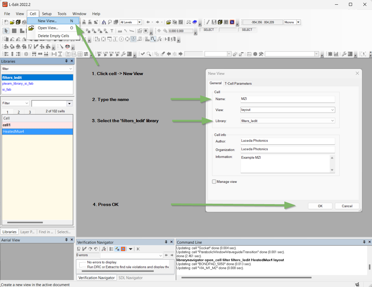 Create a new cell called `MZI`. We create it in the `filters_ledit` library.