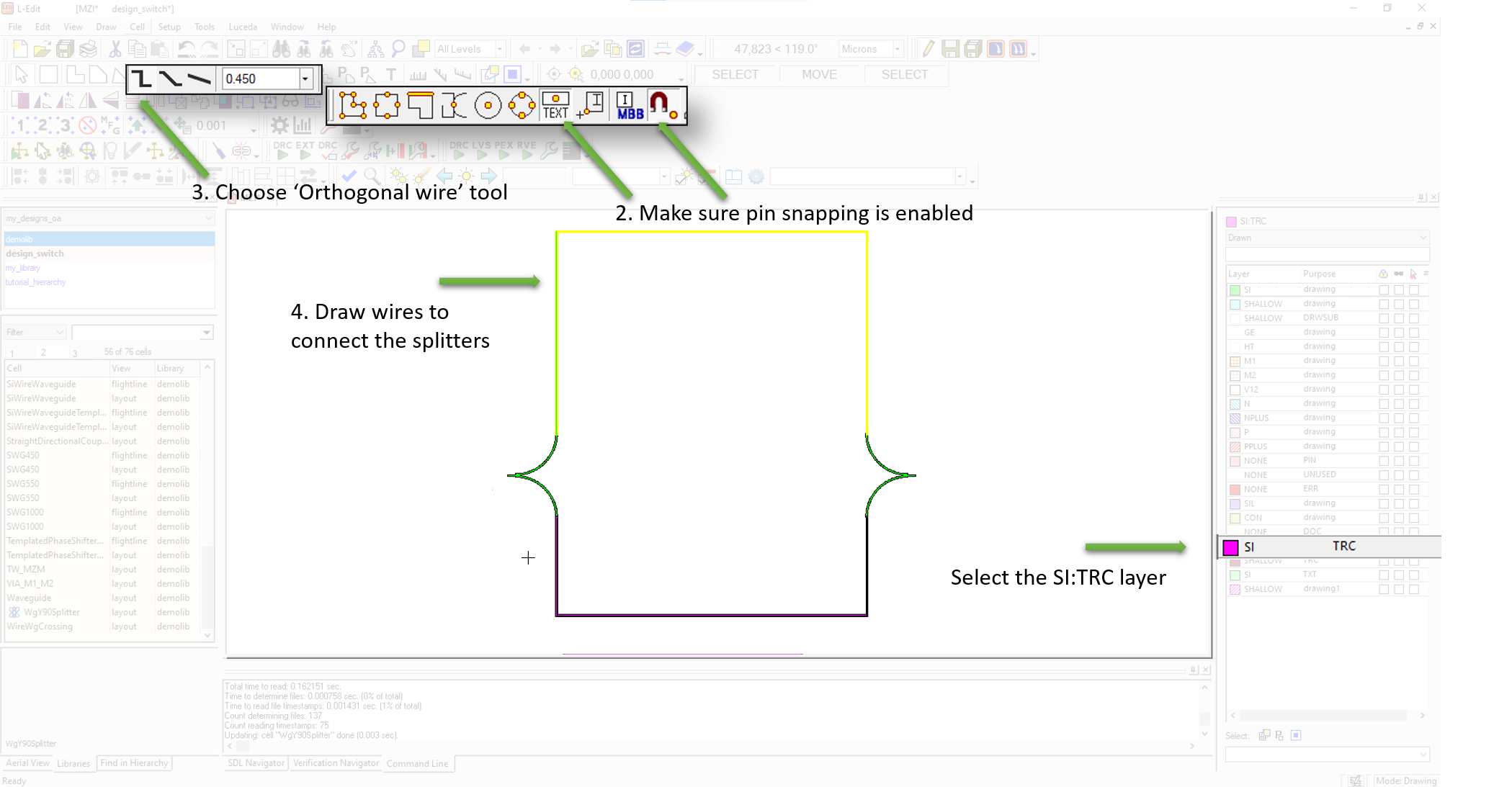 Draw the waveguide control shapes on the SI:TRC layer.