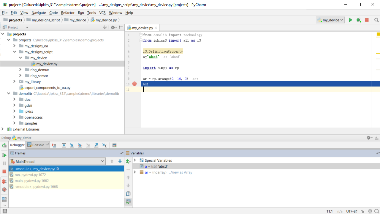 Debugging in PyCharm: inspecting variables.