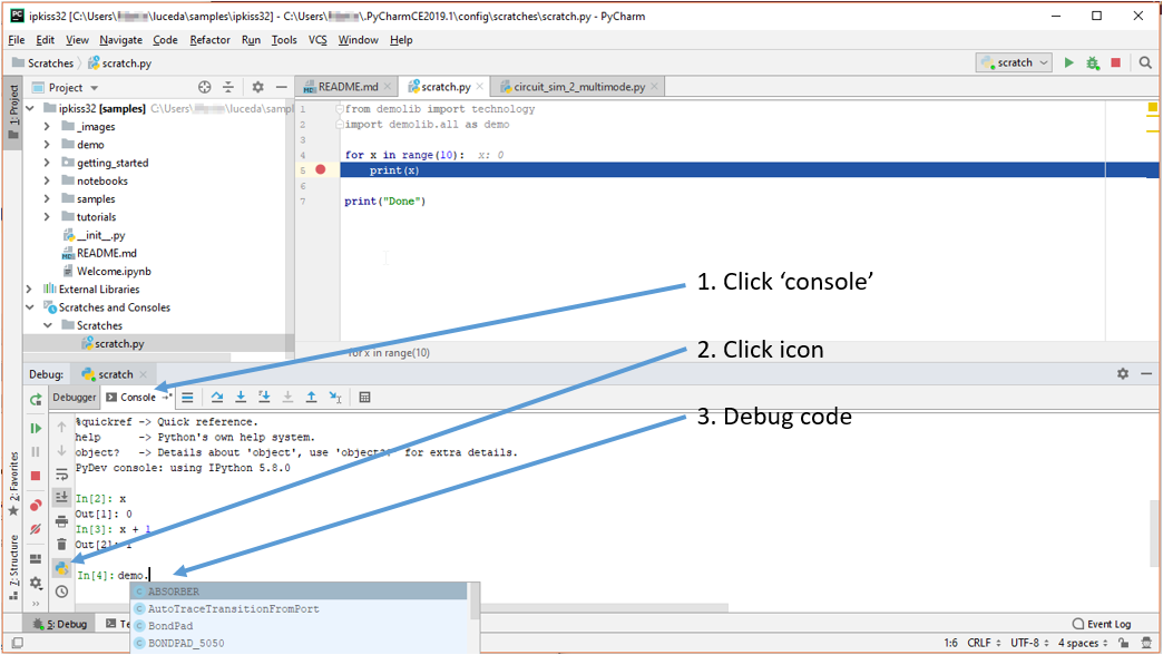 Debugging in PyCharm: ipython console.